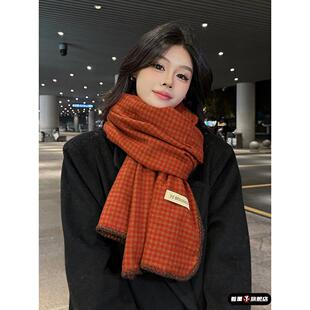 2025新款千鸟格围巾女冬季锁边学生披肩高级感安克拉红保暖围脖潮
