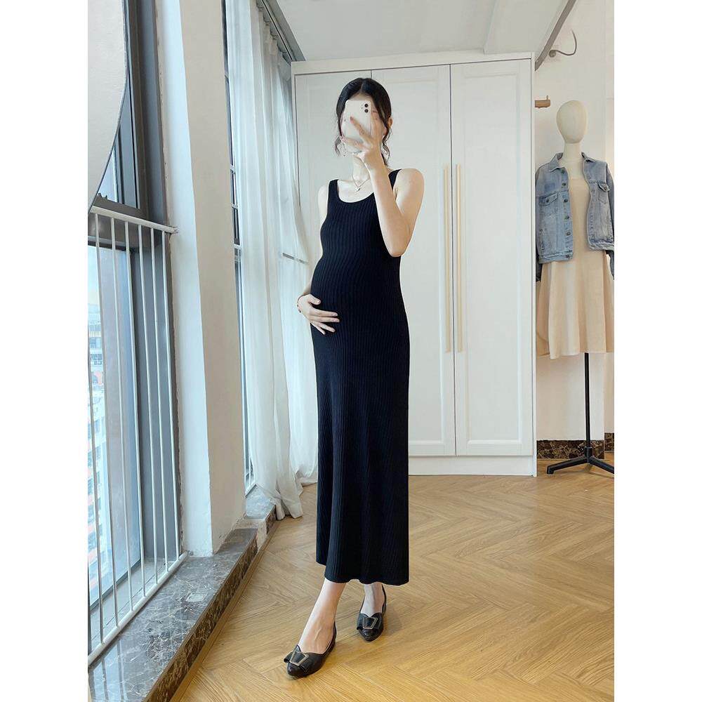 小个子孕妇透气舒适吊带裙春秋法式杏色无袖方领针织吊带连衣裙女
