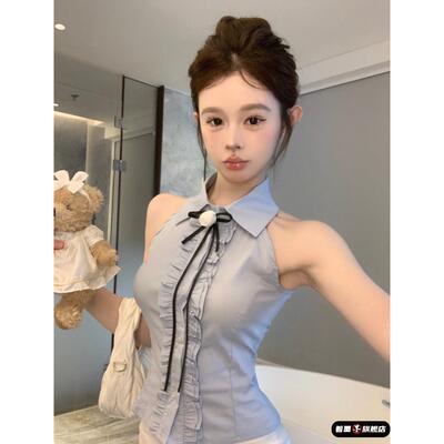 学院风蝴蝶结蓝色衬衫女夏季纯欲甜辣妹挂脖抹胸小上衣高级感绝美