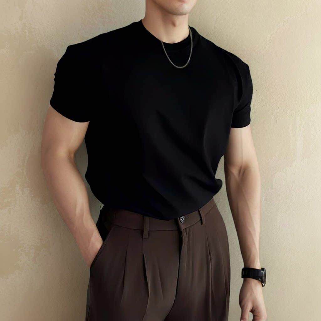 男士修身正肩圆领短袖纯黑色重磅收袖口t恤领口男生显壮夏季t恤衫