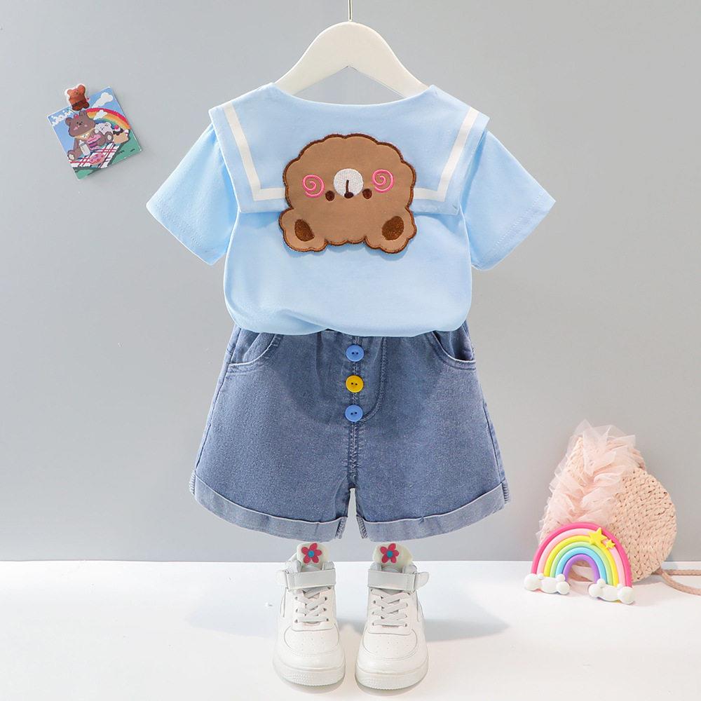 女童短袖牛仔短裤套装2026新款夏季童装儿童衣服宝宝短袖卡通小童
