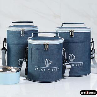 牛津布便当包学生饭盒手提袋圆形加厚铝箔户外保温上班族圆筒餐包