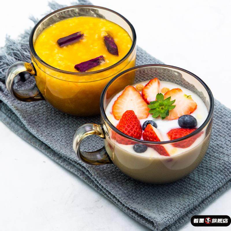 大口径带把手牛奶杯燕麦早餐杯带盖樱花勺微波加热家用透明玻璃碗,餐饮具,马克杯,淘宝优惠券,粉丝福利购,淘宝优惠卷