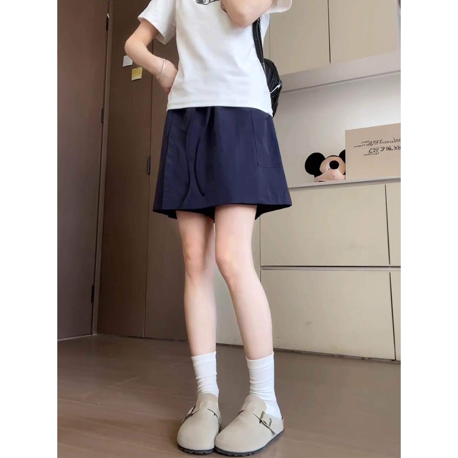 抽绳松紧腰休闲四分裤裙学院风减龄工装裙裤女士夏季薄款高腰显瘦