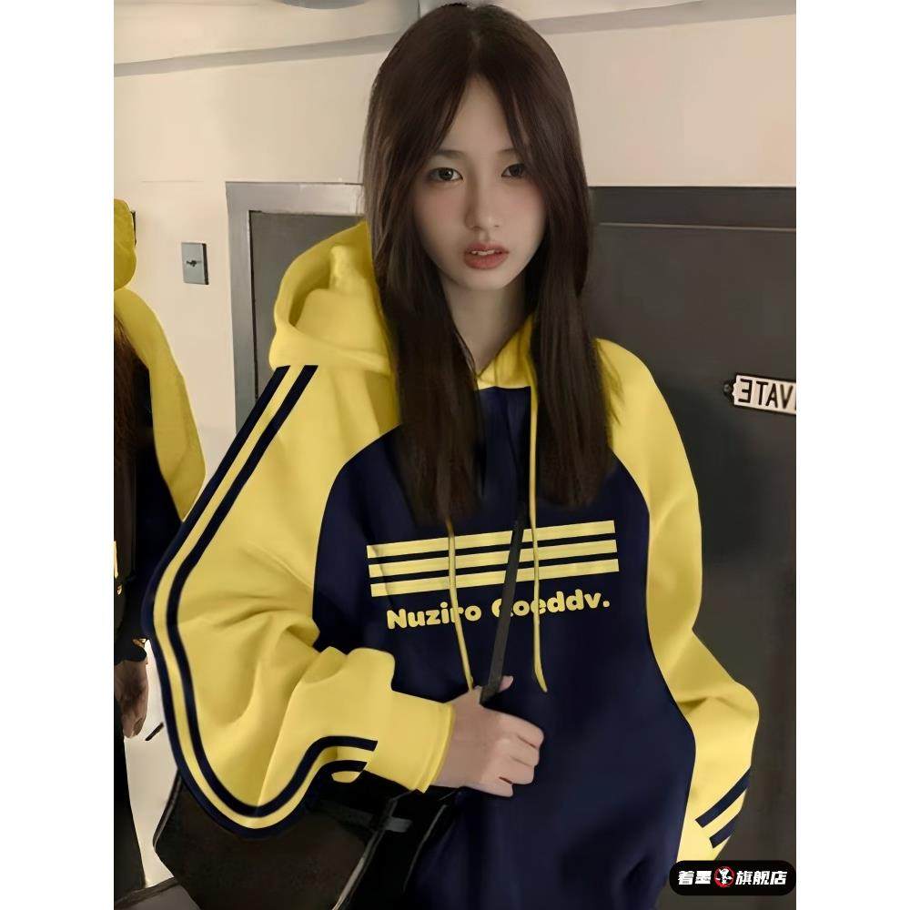 三条杠连帽卫衣女大童秋冬加绒初中高中学生宽松纯棉长袖上衣外套