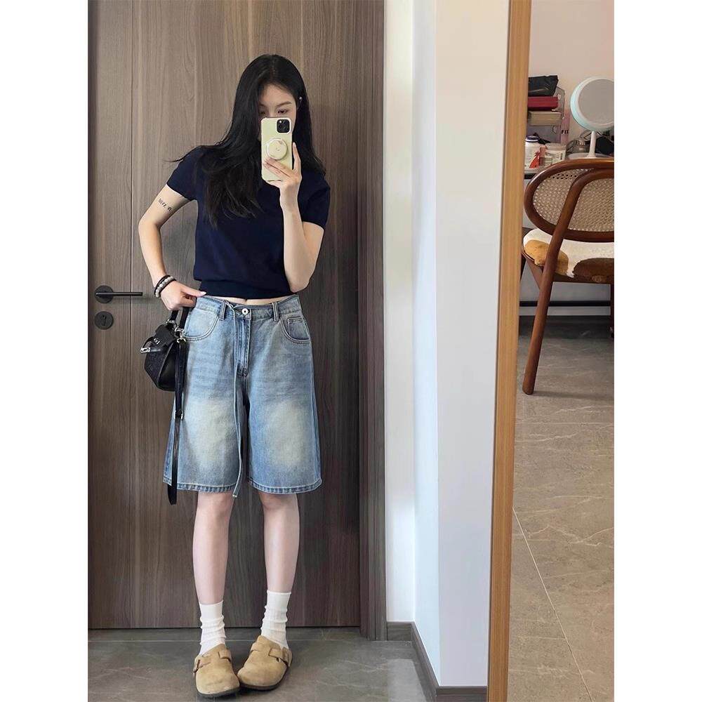 女士正肩针织短袖polo衫藏青色t恤女夏季薄款法式小个子短款上衣