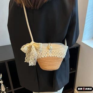 文艺小包包女草编包沙滩编织包女包斜挎小包海边草包2025新款 森系
