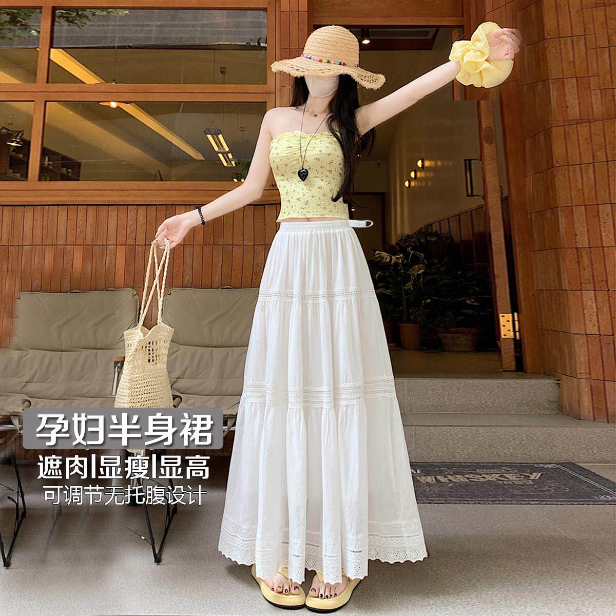 孕妇侧边可调节半身裙装夏季无托腹大码新款高腰显瘦A字中长款裙