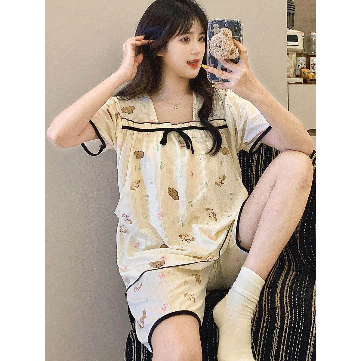 小个子孕妇睡衣带胸垫外穿女夏季薄款月子服短袖产妇套装产后喂奶