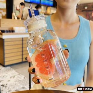 时间刻度玻璃水杯女士耐高温大容量高硼硅带盖吸管玻璃杯2025新款
