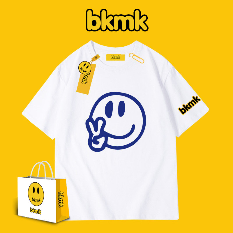 bkmk笑脸短袖t恤联名旗舰店官网宽松简约情侣款笑脸2024夏季白色