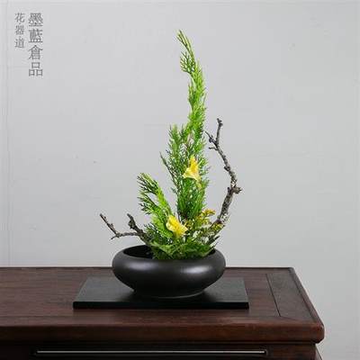 墨黑陶瓷花盆花器剑山插花器禅意复古中式插花器皿日式花道小原流