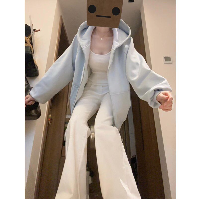 韩系巨好看浅蓝色卫衣外套女早春秋装初中生连帽拉链开衫oversize