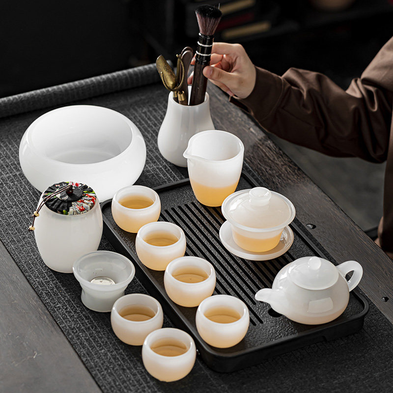 白玉琉璃茶具套组家用轻奢高档功夫泡茶杯高端盖碗办公室送礼盒装