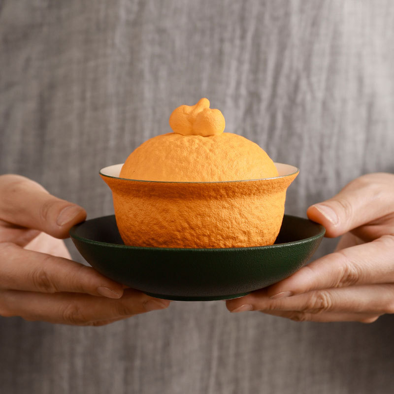 大吉大利橘子盖碗杯创意不烫手茶具套装白瓷三才带盖陶瓷定logo