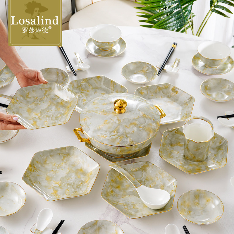 欧式描金六边拼盘60头套装礼盒家宴聚会陶瓷碗碟组合圆桌摆盘餐具