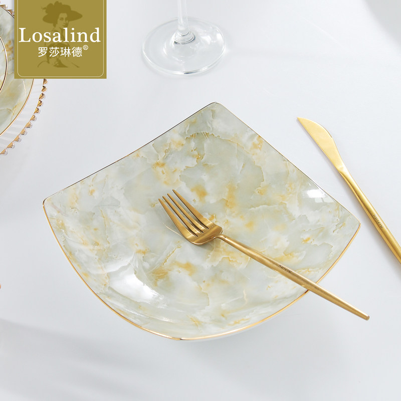 家用轻奢骨瓷四方形盘子菜盘8英寸金边深汤盘陶瓷翘脚盘菜盘套装,餐饮具,盘,淘宝优惠券,粉丝福利购,淘宝优惠卷