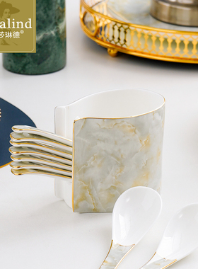 描金骨瓷勺子收纳笼家用汤勺笼勺架陶瓷厨房叉勺收纳盒摆件装饰