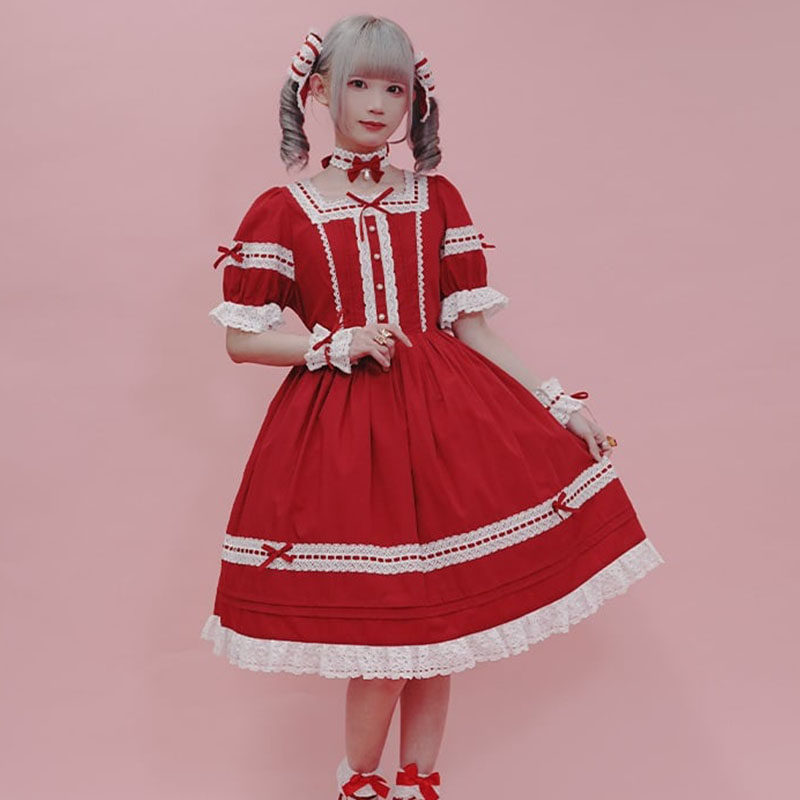 axesfemme纯色系蕾丝花边蝴蝶结系带lolita泡泡袖连衣裙LD351X05C