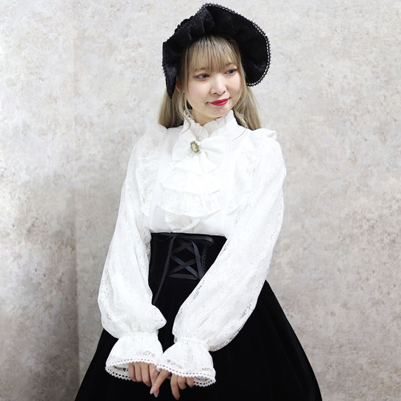 axesfemme kawaii复古蝴蝶结浮雕领巾装饰蕾丝拼接女衬衫LD91X15S