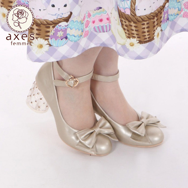 axesfemme kawaii甜美蝴蝶结金属爱心搭扣水晶高跟鞋 TT621X01S