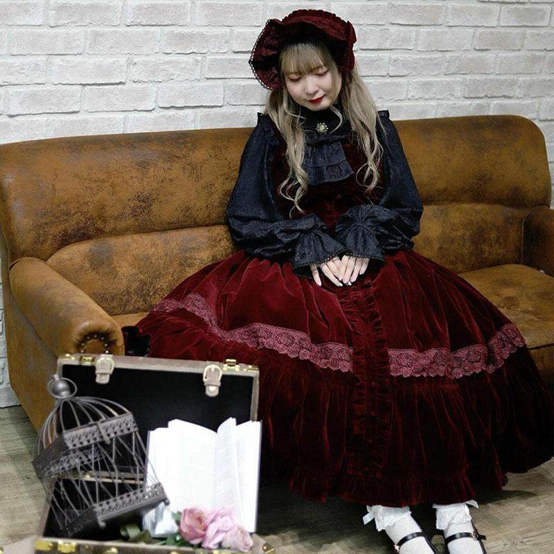 axesfemme kawaii古典丝绒lolita蝴蝶结系带吊带连衣裙LD341X32S