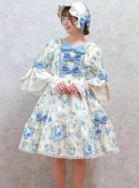 axesfemme kawaii古典玫瑰印花lolita华丽姬袖连衣裙LD351X14S