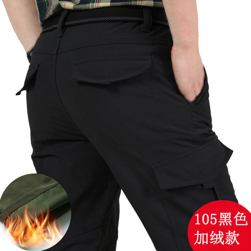 登山裤弹力速干防泼水大码户外运动男裤多口袋休闲工装裤黑色男士