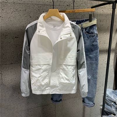 2021春季新款男士拼色立领夹克外套韩版修身工装白色休闲百搭上衣