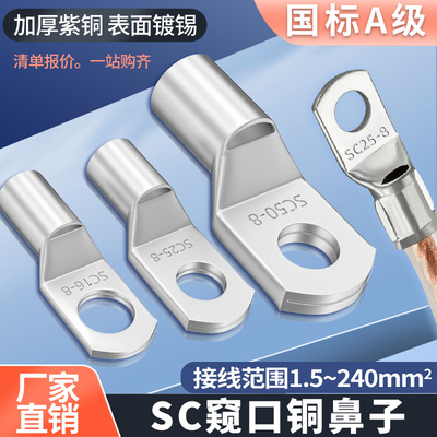 SC国标窥口铜线鼻子紫铜线耳镀锡冷压接线端子6/10/35平方 铜鼻子