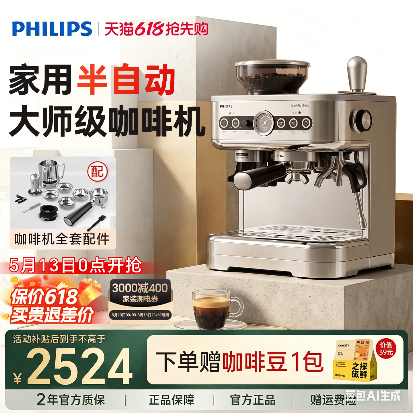 【618开抢】飞利浦意式咖啡机半自动家用小型拉花现磨研磨一体机