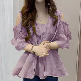 洋气小衫 新款 宽松大码 上衣 减龄百搭衬衫 露肩雪纺衫 时尚 女2024夏季