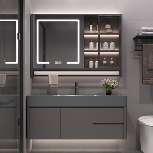 现代简约浴室柜组合纳米岩石一体盆智能镜柜轻奢洗漱台洗手盆