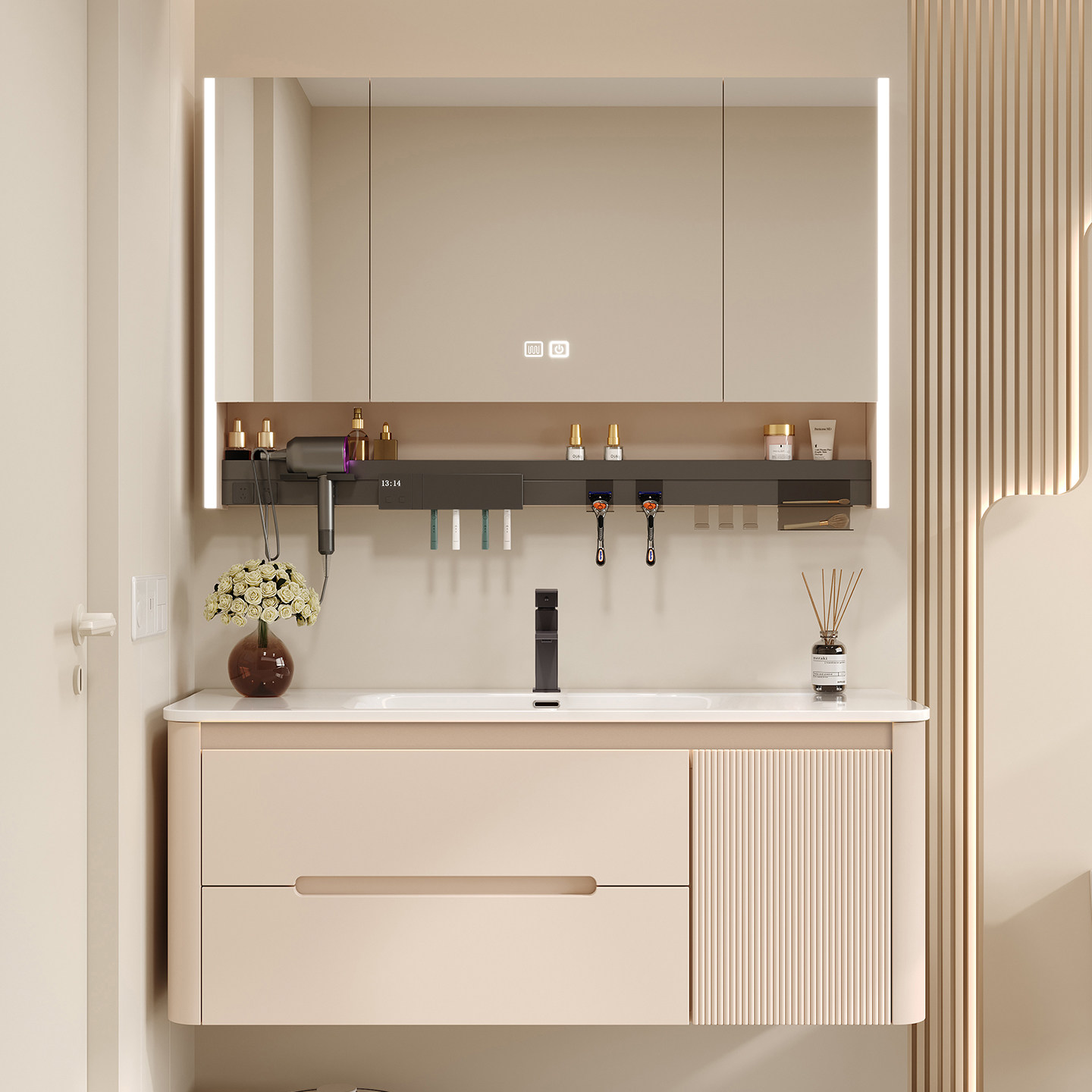 卫生间奶油风智能浴室柜多层实木陶瓷一体盆洗手洗脸盆柜组合,家装主材,浴室柜组合,淘宝优惠券,粉丝福利购,淘宝优惠卷