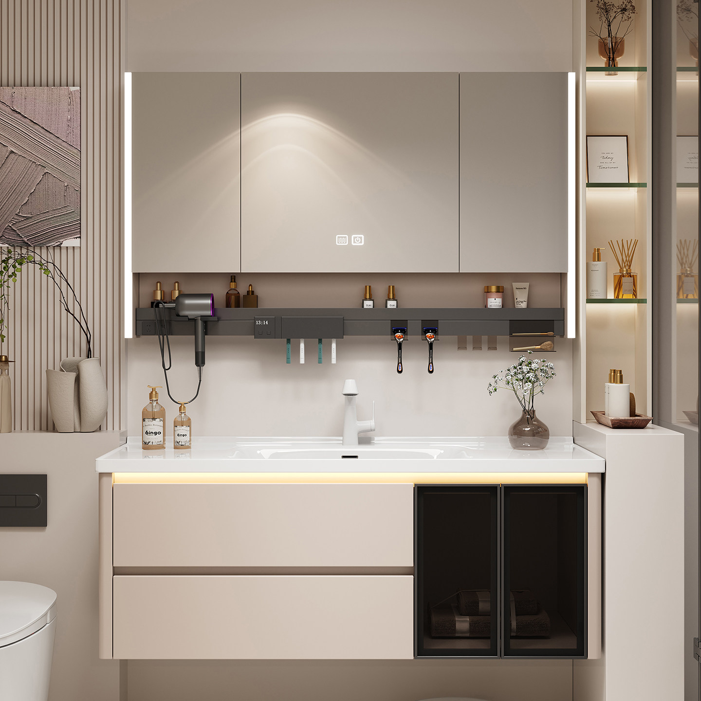 现代简约浴室柜组合陶瓷台面壁挂式洗漱台多功能风水镜灯储物柜,家装主材,浴室柜组合,淘宝优惠券,粉丝福利购,淘宝优惠卷