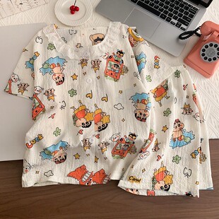 泡泡棉卡通儿童小女孩中大童套装 薄款 短裤 短袖 家居服男童睡衣夏季