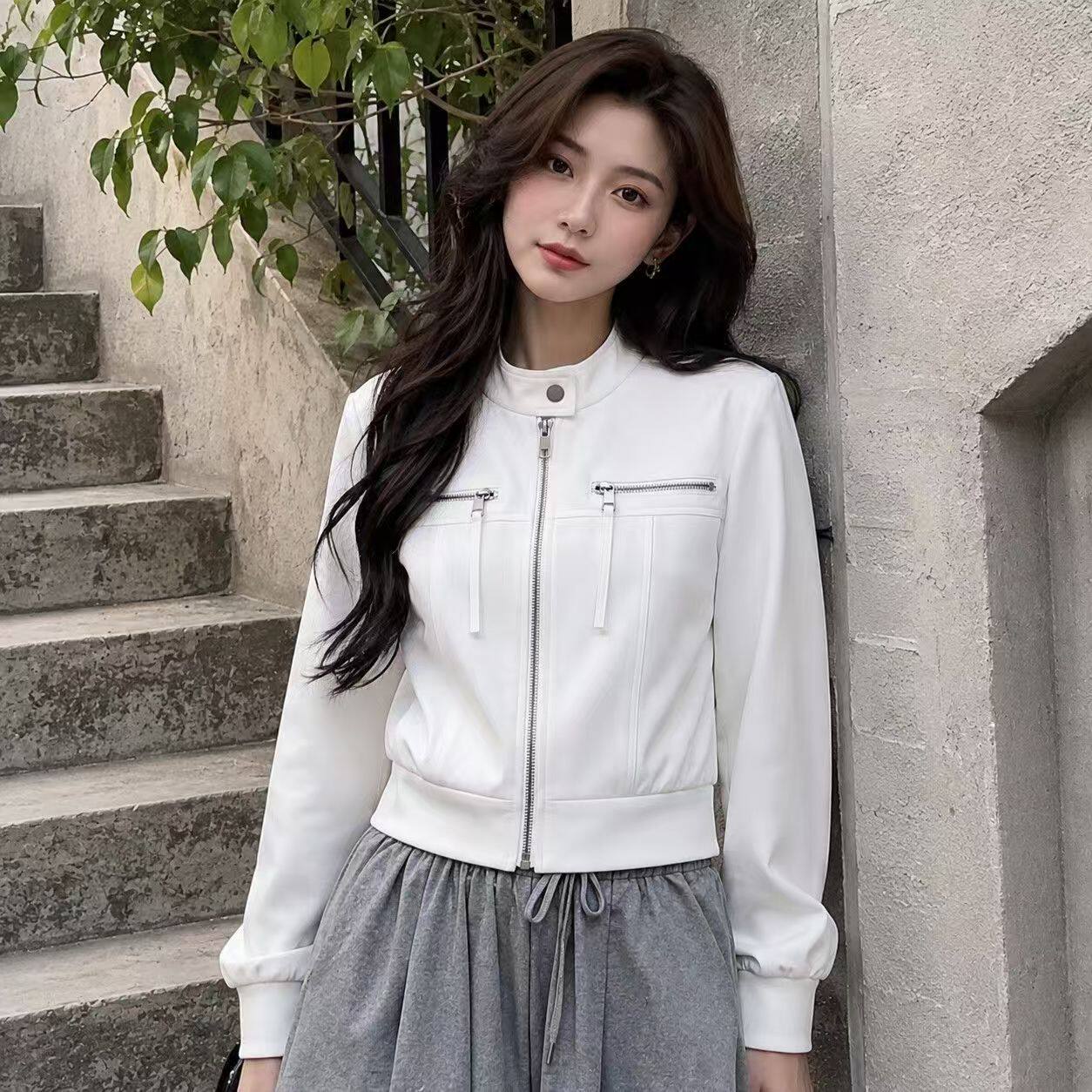 白色立领拉链显瘦遮肉短外套女
