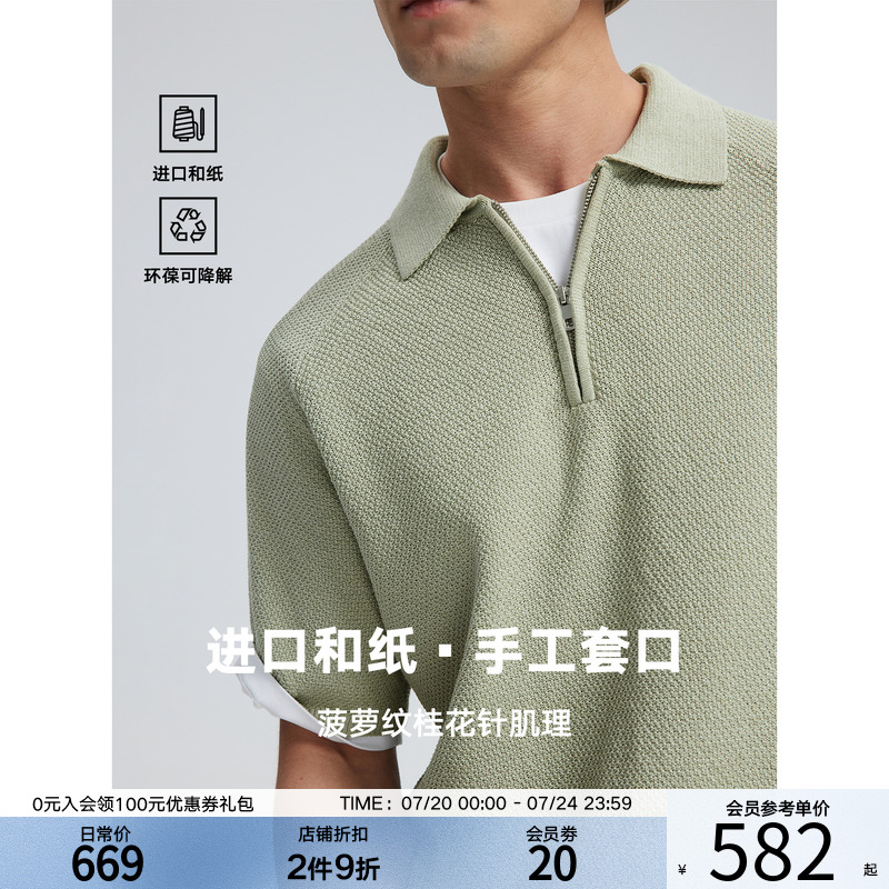 THESSNCE 菠蘿桂花針/奢感進(jìn)口紙紗休閑半開襟拉鏈針織短袖衫男夏