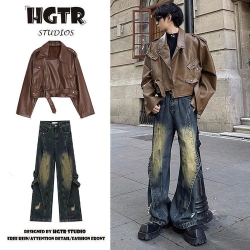 【两件装】百搭美拉德铆钉多口袋斜门襟皮衣+重工拼接设计牛仔裤