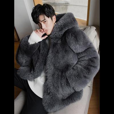 芬兰2024冬新款仿狐狸毛皮草外套男装整皮青年连帽加厚皮草大衣潮