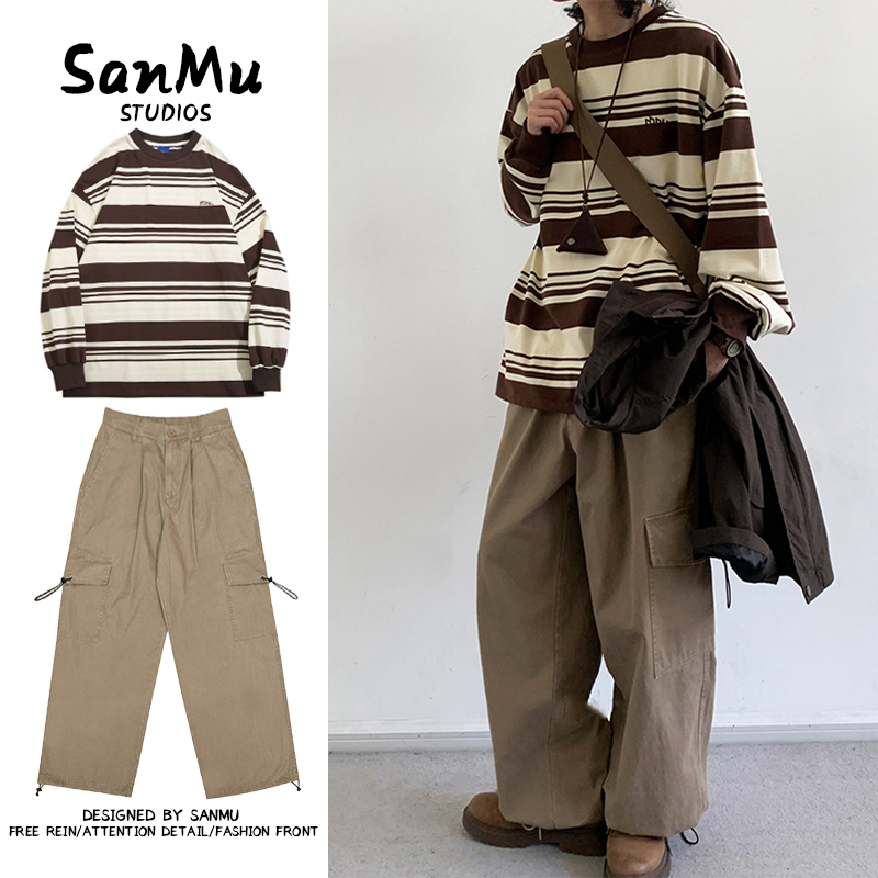 两件装/单件日系复古条纹针织衫学院风BF宽松海魂衫打底上衣套装