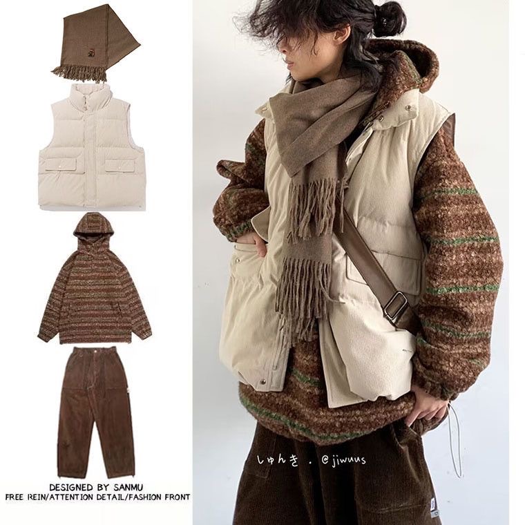 冬季日系复古穿搭整套立领灯芯绒工装棉服马甲男女生宽松无袖外套