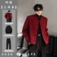 酒红色垫肩立领短款 痞帅设计感夹克西服男套装 西装 外套男春秋新款