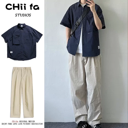 两件套日系复古机能风工装短袖衬衫男夏季百搭痞帅纯色休闲衬衣男