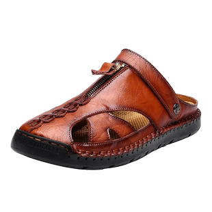 凉鞋男款夏季外穿防滑开车两用包头拖鞋男士真皮爸爸大码沙滩凉拖