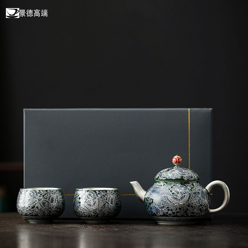 景德高端蝶恋花鎏银掐丝茶具套装