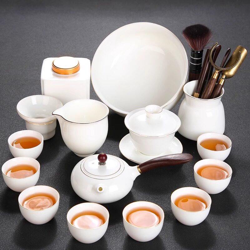 景德高端羊脂玉功夫茶具套装陶瓷描金泡茶壶办公室用高档白瓷盖碗
