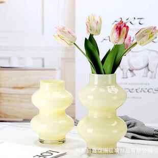 现代简约胖圈玻璃花瓶玉色摆件居家水培水养干花插花浮雕客厅装饰