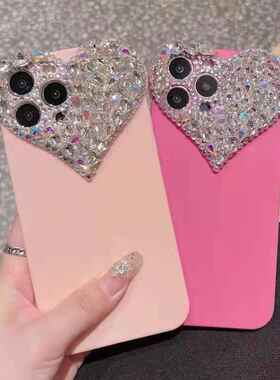 适用苹果15pro手机壳IP13爱心宝石12pro/11omax硅胶镶钻软壳xsmax