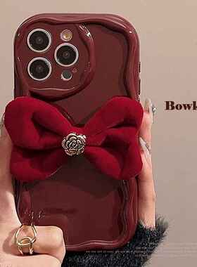 丝绒蝴蝶结适用苹果15手机壳iPhone14ProMax甜美11立体秋冬12软13